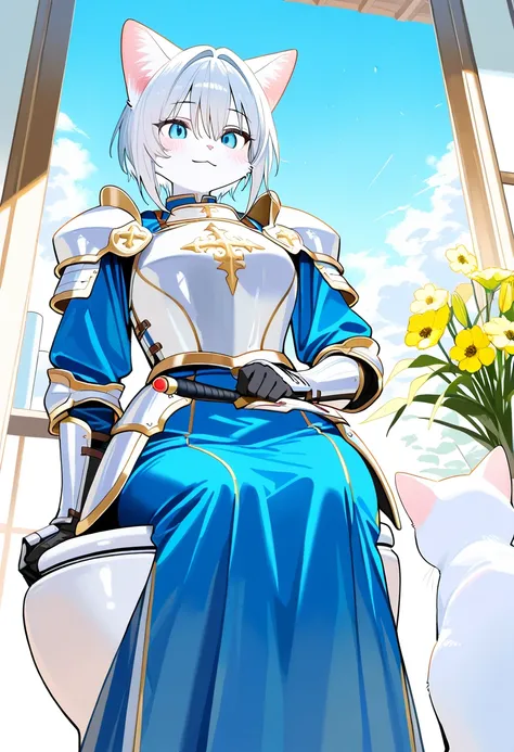 score_9,score_8_up,score_7_up,rating_safety,source_manga,masterpiece,best quality,hyper detailed,super fine illustration,8k,front angle,cowboy shot,BREAK (Furry of White Cat),female,blue eyes,(knight armor+blue dress),(holding_magical sword),sitting on toi...