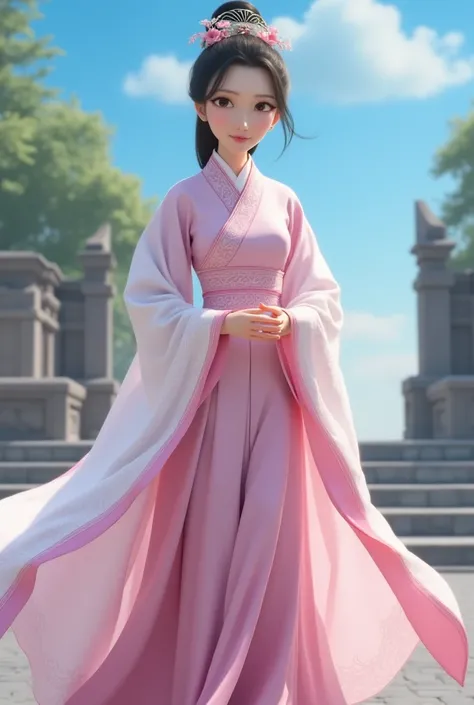 The image is a portrait of a young woman wearing a traditional Chinese dress. She is standing in front of a stone structure with a blue sky in the background. The woman is wearing a long,flowing pink dress with intricate embroidery and a white shawl draped...