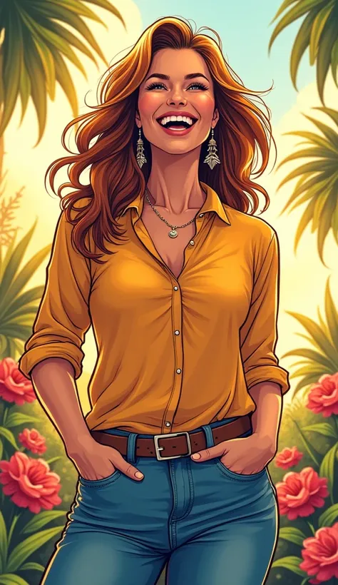 A comic book style image of an adult American woman, radiating happiness and a sense of accomplishment. She is dressed in casual and tasteful clothing, such as a blouse and jeans, with a friendly and approachable appearance.  The background is vibrant and ...