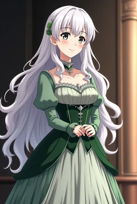 Screenshot of the Divorced Empress anime,a girl with long wavy white hair with fair skin and a green Victorian style green and white dress with gray eyes full-bodied adult 