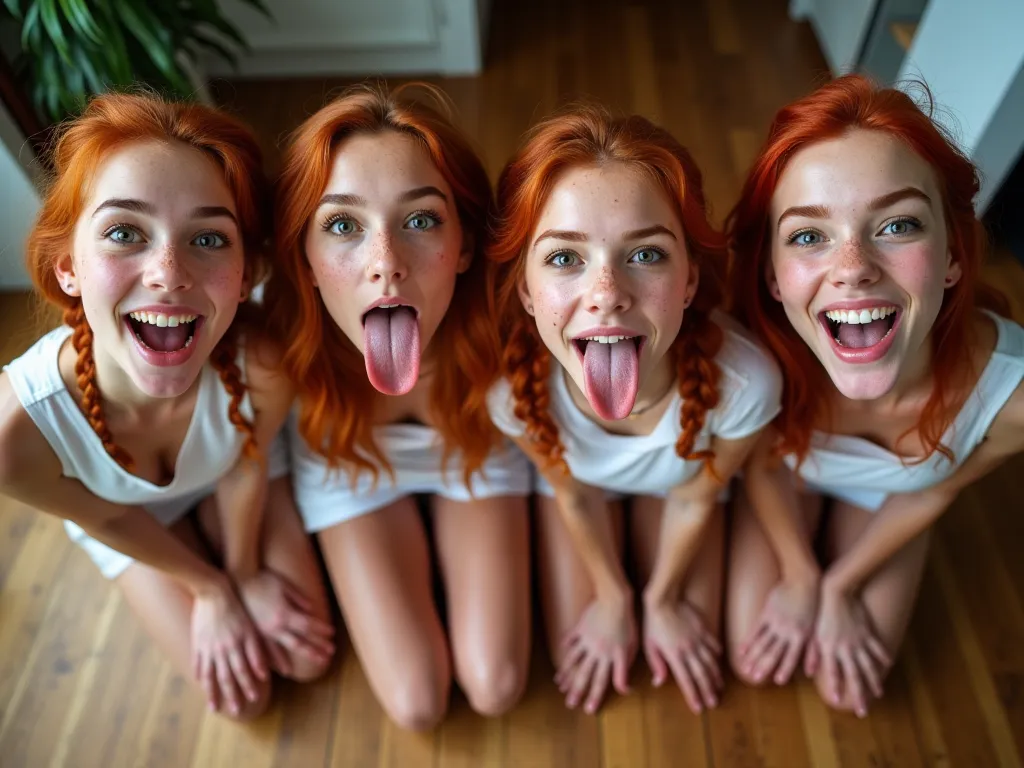 Four beautiful women with freckles, (mouth very wide open), long red hair in a french braid, (eyes open), wearing short nurse dress, kneeling on hardwood floor, viewed from below, Arms behind back, thick thighs, tongue sticking all the way out, looking dow...