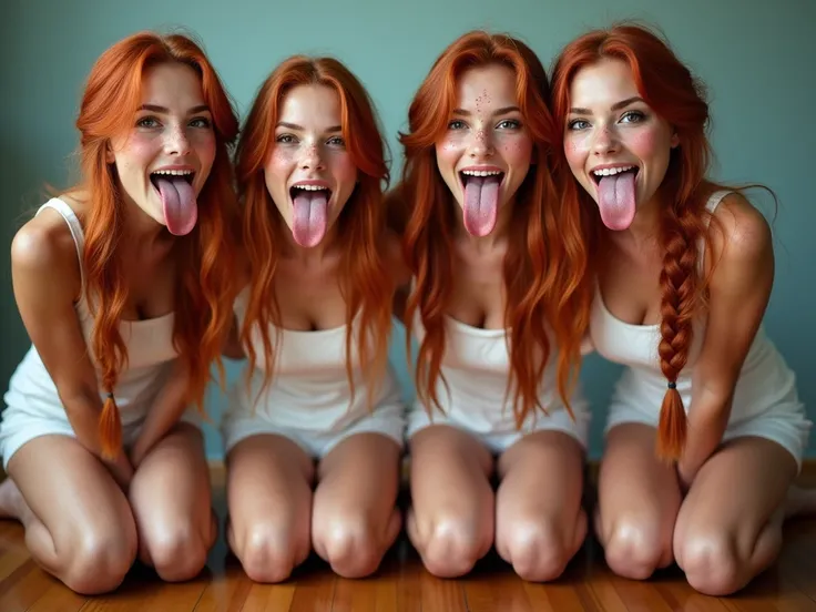 Four beautiful women with freckles, (mouth very wide open), long red hair in a french braid, (eyes open), wearing short nurse dress, kneeling on hardwood floor, viewed from below, Arms behind back, thick thighs, tongue sticking all the way out, looking dow...