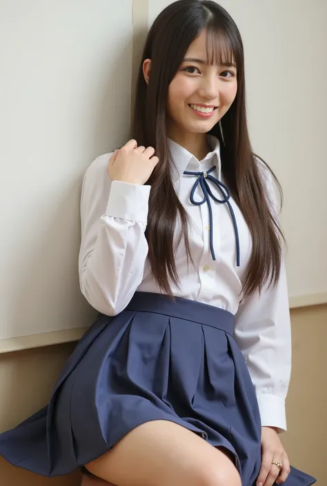 (((((   high school girl、  school uniform)))))、smile、(   long hair：1.5),   upper body,   school classrooms、、  big breasted 、  plump breasts、    sexy pose with skirt on top