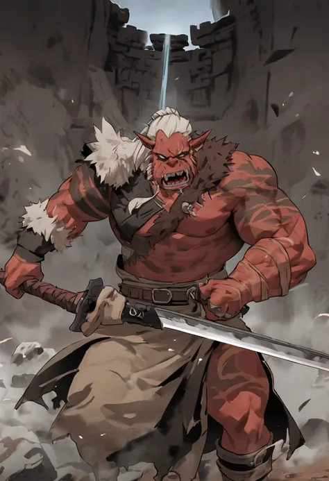 half-orc, half devil , Barbarian,  red skin ,  tattoo teacher, holding a two-handed Chinese sword with a long handle and a two-meter changdao blade. Covered in scars, Without horns  