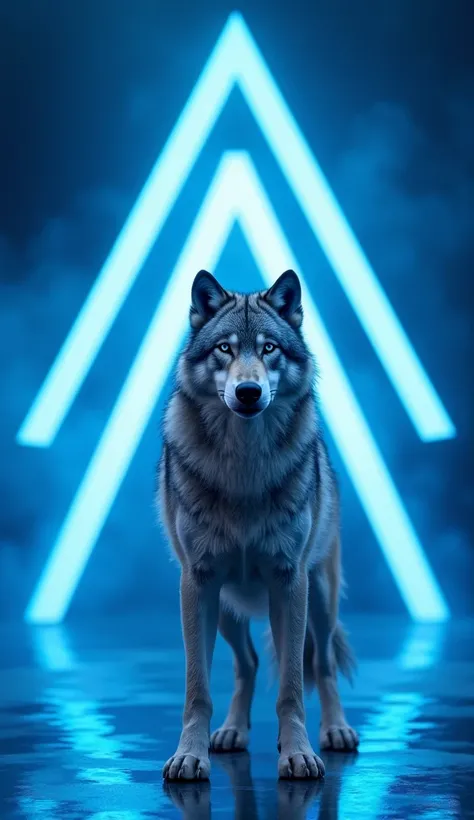 A wolf on stage at America's Got Talent,  with neon blue lights in the shape of an ascending triangle in the background, 9 :16