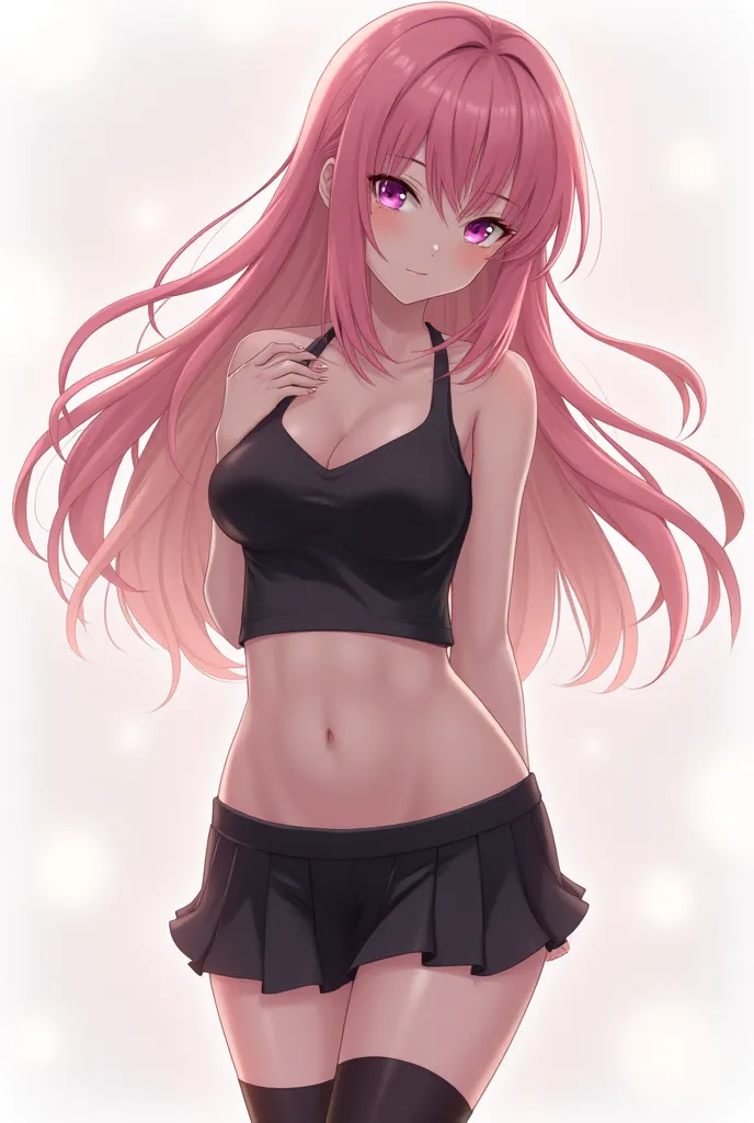  anime girl image , skinny white skin color  , long loose pink hair medium breasts medium thighs with skirt, stockings and a black top in pose sex