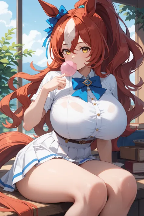 {{Gum (umamusume)}},yellow eyes,horse ears,wavy hair,long ponytail, high ponytail,red hair, pink highlight,huge breasts,horse tail,curvy,blue and white top, dark blue bow, white skirt, white knee-high