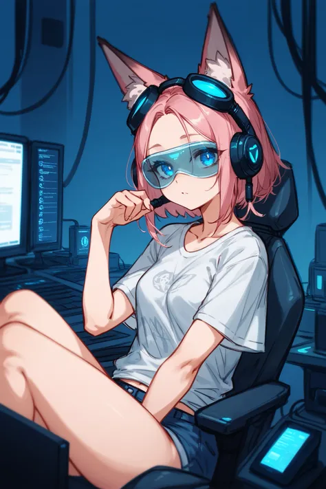 ((Moody picture with dim nighttime blue lighting.)) A fox girl with long pink hair in casual wear in a disorganized bedroom in front of a bunch of computer screens. She is sitting in a science fiction pod. ((She is shyly looking at the viewer)) with her bl...