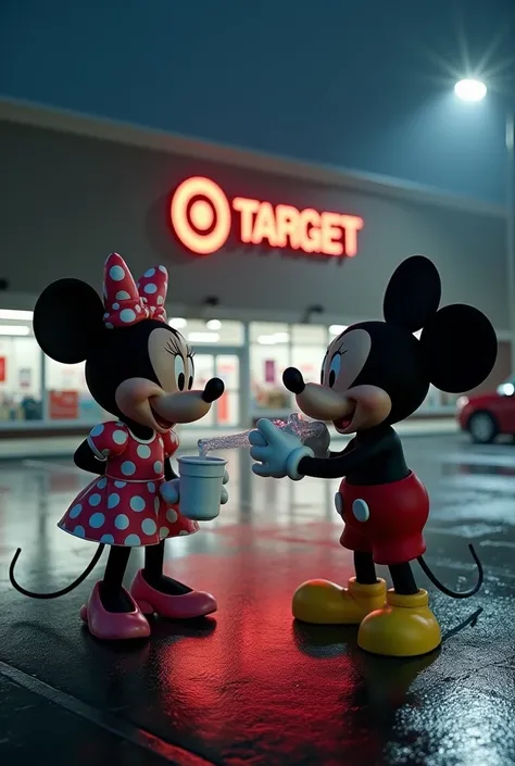 minnie mouse drinking lean out of white foam cup and mickey mouse smoking a bong in the parking lot of a target at night 