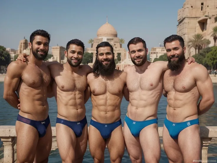 Four male bulge seaman who's doing a ballet, very long dark beard, blue tonga briefs. Strongly hairy chest, belly and legs.High Resolution. A gently smiling face. Monuments of ancient Egypt in the background.