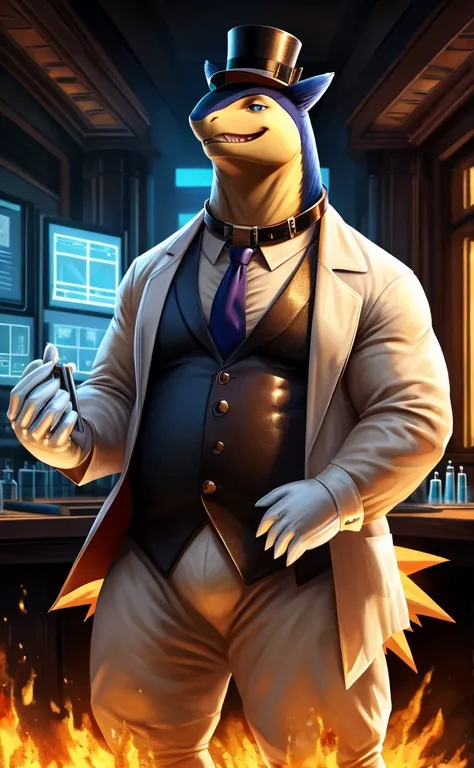 Solo, Male, close up, fat, musclegut, obese, steampunk, 1920s gentleman, dapper Typhlosion, tilting head down, blue eyes, wearing a big leather collar around his neck, (soft shading), 4k, hi res, ((detailed face, detailed)), looking at viewer, evil grin, c...