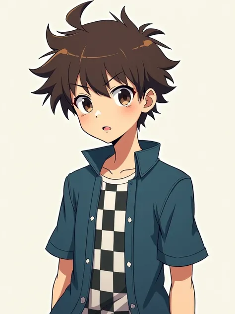 anime emaciated young adult boy round brown spiky hair pointing to the forehead and ahoge on the back of head and spiky ponytail short sleeve blue jacket checkered shirt underneath