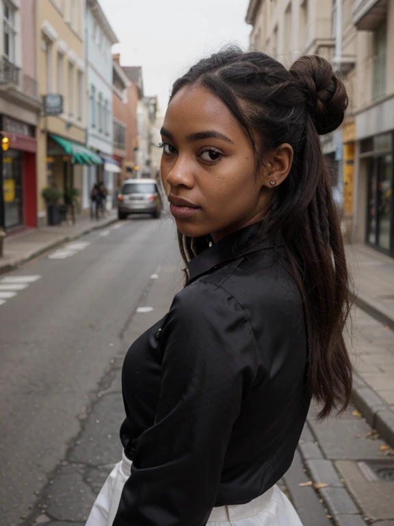 African woman, dark skin, dreadlocks chignon, musclular body ,little black satin blouse, white skirt, close-up portrait, street Block, from face 