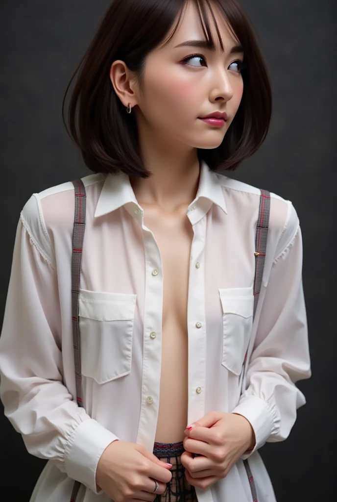 wet white plain shirt 、 shirts are all unbuttoned and the front opens 、 open shirt、 Very Short Pleated Skirts、 plaid pleated skirt、Black low-rise thongs visible 、 fishnet tights that go above the knee 、 raise the skirt with your hands to show off your pant...