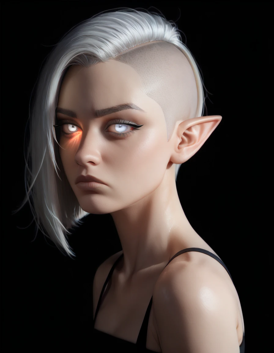 one woman, (white eyes, glowing eyes:1.2), (white hair, shaved haircut, short hair:1.3), (face up-close:1.3), (very long pointy ears, elven ears:1.3), (black background, clear background:1.5), (serious face:1.2), (bare shoulders:1.4)