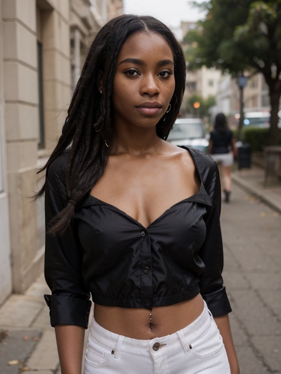 African woman, dark skin, dreadlocks , musclular body ,little black satin blouse, white jeans, close-up portrait, street Block, from face 