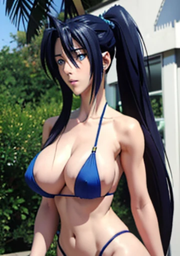 Akeno long hair, ponytail,  pretty face with blue eyes , smooth skin , slender body,  considerably large bust ,  wide hips , slim waist ,  thick thighs and legs ,  She wears a bikini  , tilted forward flirting with her hair by putting it behind her right e...