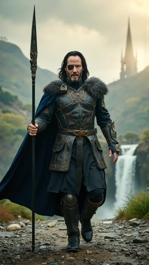 Keanu Reeves reimagined as a majestic Greek god Odin walking and holding Gungnir spear、dramatic atmosphere, 1 male、
A towering, battle-hardened figure exuding quiet wisdom and unshakable power. His long, flowing raven-black hair is streaked with silver, ...