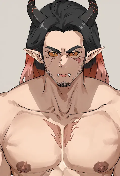 score_9, score_8_up, score_7_up, score_6_up, score_5_up, score_4_up,
 dr3am,
1boy, male focus, horns, solo, facial hair, muscular male, muscular, mature male, pointy ears, colored sclera, beard, black sclera, single bare shoulder, multicolored hair, lookin...