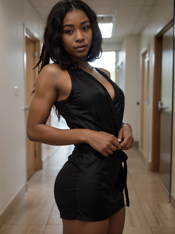 African black woman, very dark ebony skin, dreadlocks, Fitness musclular body, black Silk short yukata, office corridor, close-up portrait, from face 