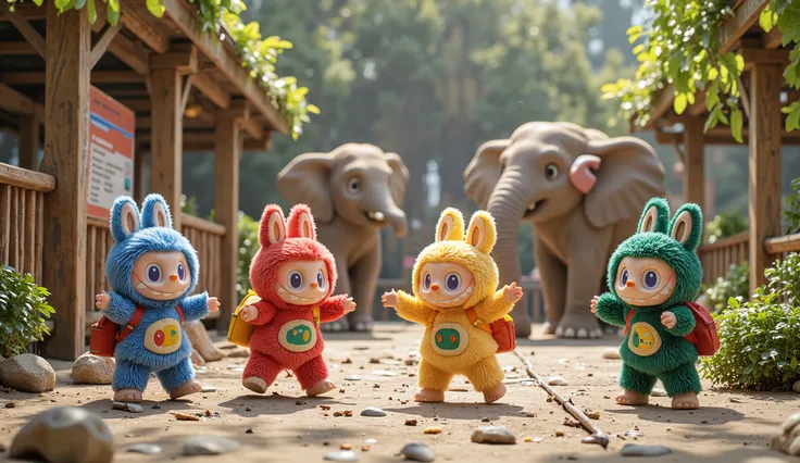 Four playful Labubu—blue, red, yellow, and green—dance joyfully in front of the elephant enclosure, their tiny bodies swaying with excitement. Each one wears a cute little backpack and a stylish hat matching their fur color, adding to their charm. Their mo...