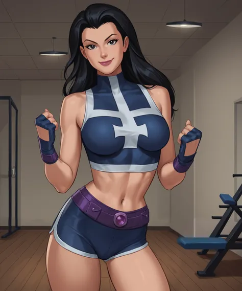 safe_pos, PonyXLV6_Scores BREAK (((retro artstyle, parody, animification)), perfect anatomy, cowboy shot) helena bertinelli, long hair, black hair, black eyes, flirting, raised eyebrow, ((looking at viewer)),  amethyst purple fingerless gloves, blue racerb...