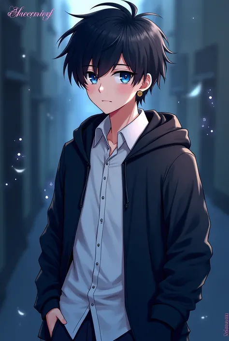 Anime-style illustration of a young man, around , with messy dark hair and deep blue eyes. He wears a single small circular earring on one ear. His gaze is calm yet contemplative. He stands in a side view with one hand casually tucked into his pocket. A wh...