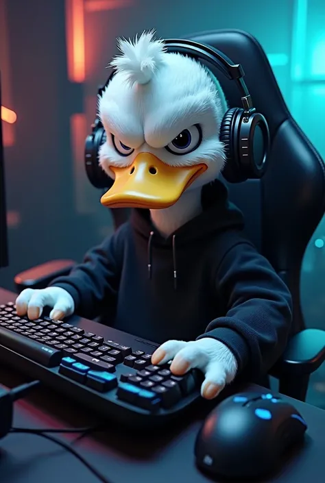 Red-billed duck animal gamer wearing earphones and black sweatshirt, holding a black gamer keyboard with neon blue and a mouse, Sitting in a gamer chair and grinning with malice,  design with no background image.