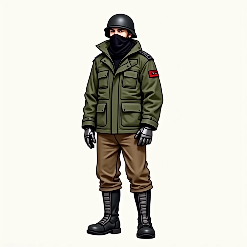 Draw a man wearing a Black M35 Helmet and a black headband that covers his mouth and neck, He wears a green parka jacket with metal mittens, brown pants with long iron boots. He doesn't wear shoulder pads .