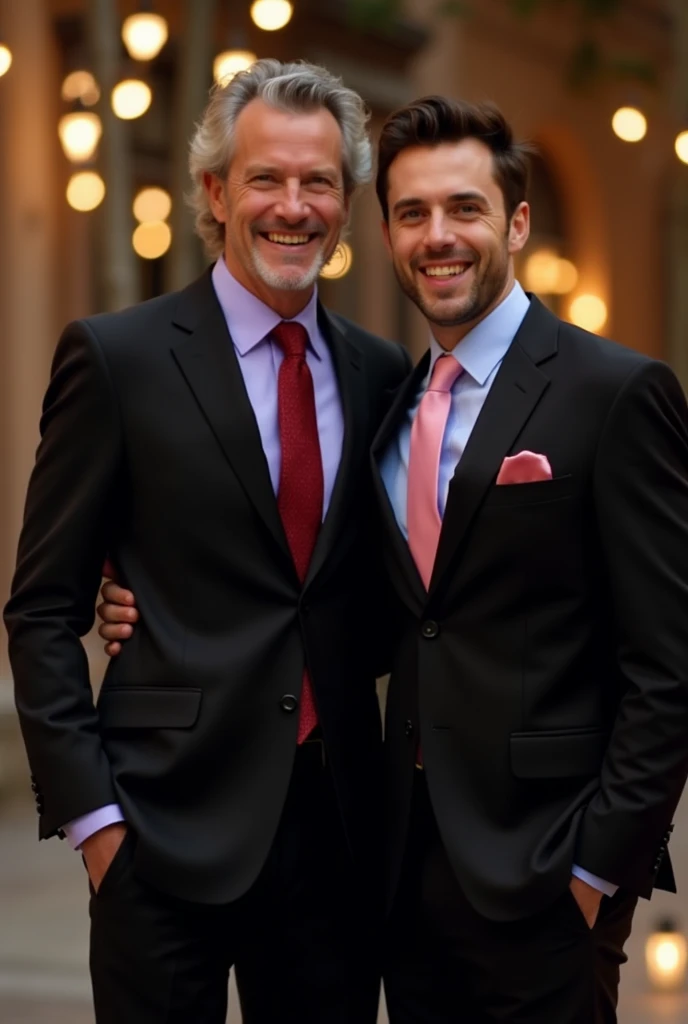 Handsome mature man dressed in a 3-piece black tailored suit with lavender shirt and red tie on a romantic evening with his boyfriend a handsome young man dressed in a black 2-piece suit with a light blue shirt and pink tie both happy and 