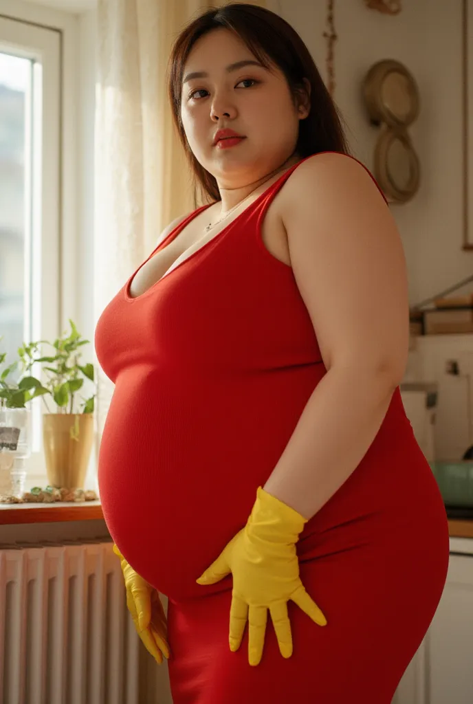 RAW photo, full body of a chubby cute cleaning woman wearing a red tight dress (high detailed skin:1.2), round body, double chin, cleavage, standing at home, cleaning, 8k uhd, dslr, soft lighting, high quality, film grain, Fujifilm XT3
