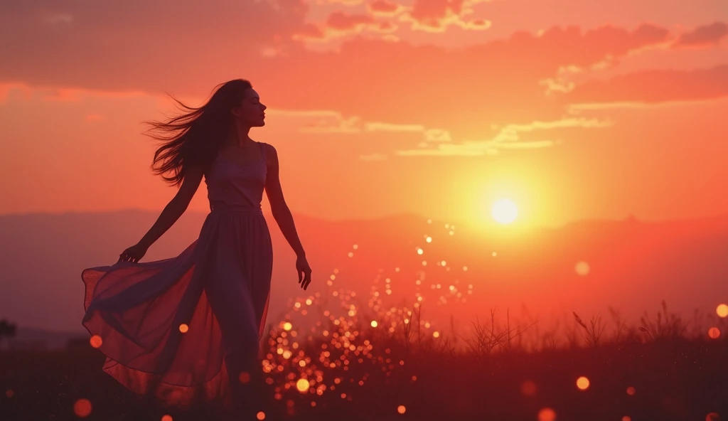 A warm, golden sunset bathes the sky in soft hues of pink, orange, and purple. A silhouetted figure sways with closed eyes, lost in the rhythm, as light particles dance around them. The scene has a dreamy, nostalgic lofi aesthetic with gentle grain and sof...