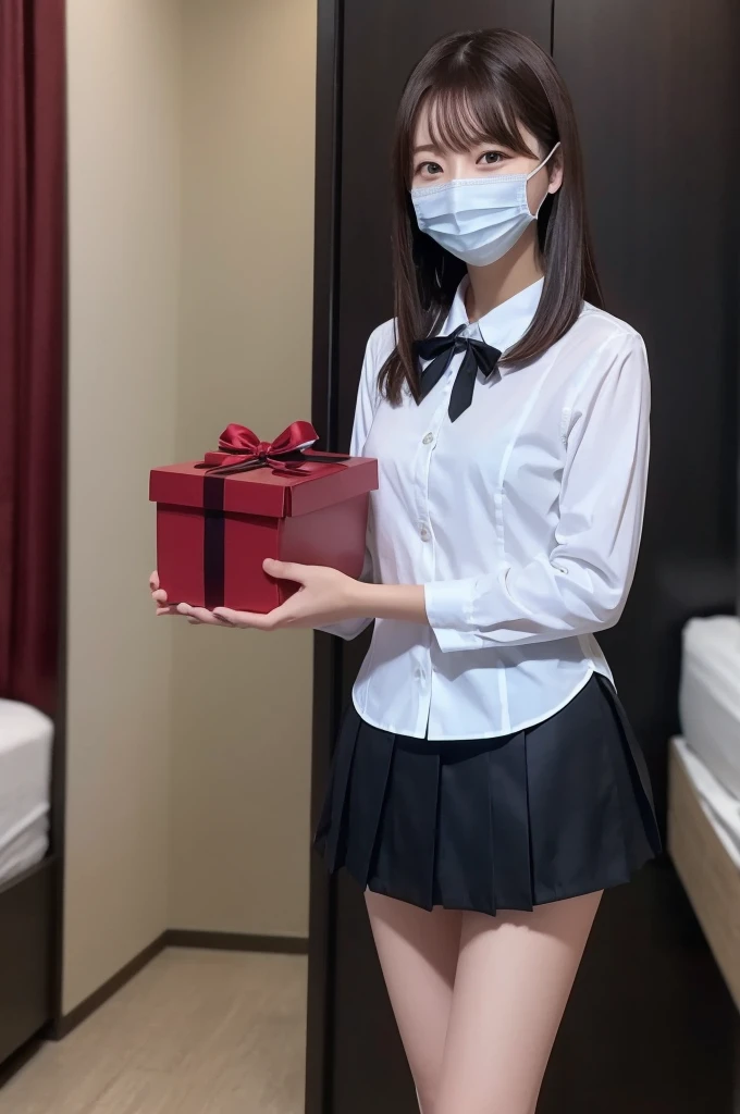  hotel　 bed　uniform　 white shirt 　 high image quality　Not too small bust　 Black Miniskirt 　Shorten your skirt　Beautiful Hair　Height: 153cm　smile　 mask　 valentine　Holding one box with a ribbon in both hands　Clean image quality
