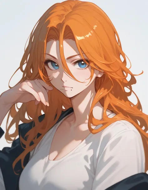 matsumoto rangiku, mole under mouth, orange hair, blue eyes, long hair, hair between eyes,
looking at the viewer,