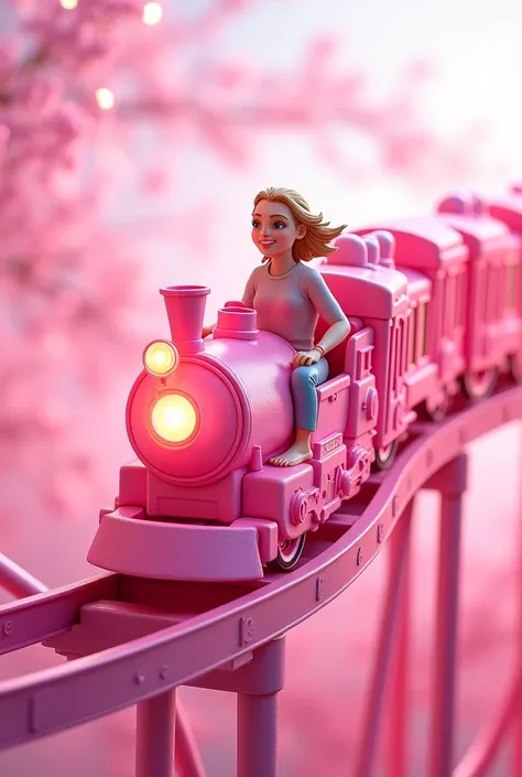 I want you to make a pink amusement park train with everything pink, and the baby pink colored in the background could be slightly a different pink color and make the train have a beautiful designs, maybe swirls and hearts and sparkles and show it passing ...