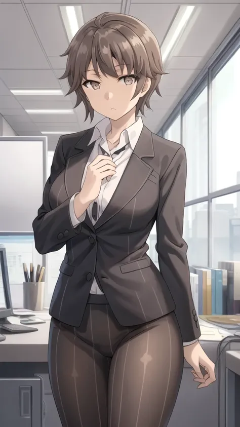 Masterpieces, Best Quality, girl, looking at viewer, azusagawa sakuta, solo, brown hair, brown eyes, large breasts, pinstripe suit, black suit, collared shirt, pinstripe skirt, black pantyhose, cowboy shot, standing, office, looking at viewer,