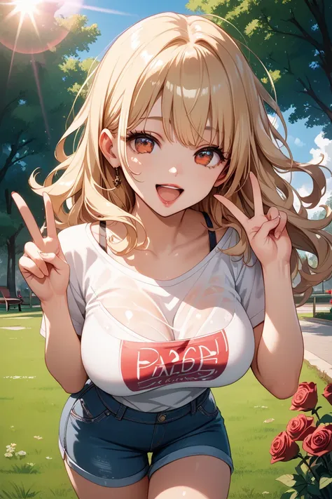  Adult Women Beautiful Cute Shiny Blonde Hair,shaggy hair,long hair,bangs, shiny rose red eyes, Shiny Red Lip,Peace sign, open your mouth and laugh,Saggy Big Breasts ,
Plain short sleeve white T-shirt, one shoulder, bra strap is showing,platform White Snea...