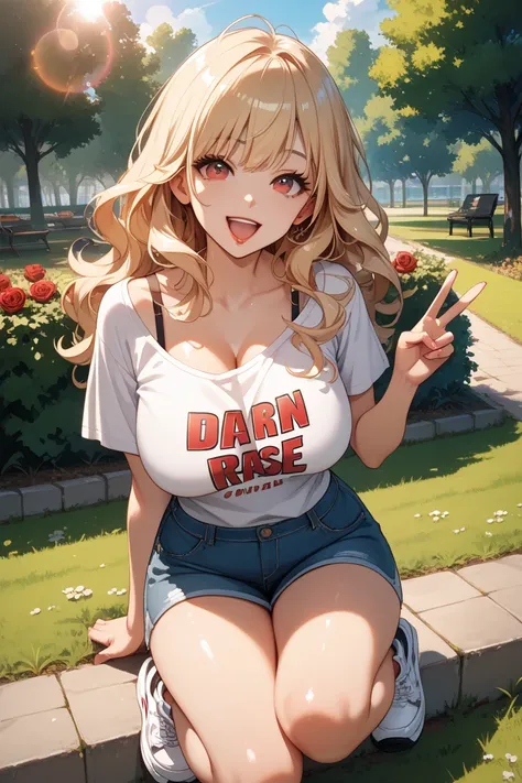  Adult Women Beautiful Cute Shiny Blonde Hair,shaggy hair,long hair,bangs, shiny rose red eyes, Shiny Red Lip,Peace sign, open your mouth and laugh,Saggy Big Breasts ,
Plain short sleeve white T-shirt, one shoulder, bra strap is showing,platform White Snea...