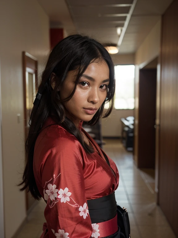 African black woman, very dark ebony skin, dreadlocks, Fitness musclular body, red Silk short sakura yukata, office corridor, close-up portrait, from face 