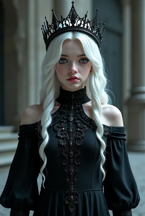 White-haired girl in a royal black dress and a black iron crown is a vampire witch in the style of the movie The Vampire Diaries 