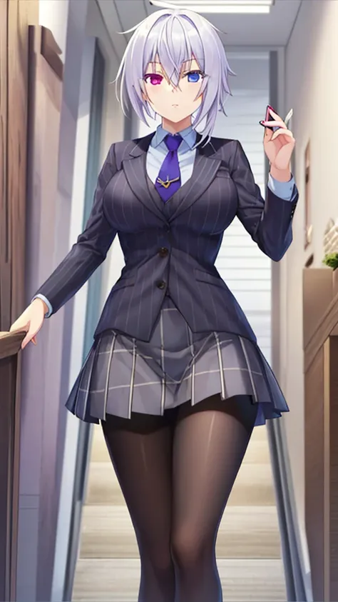 masterpiece, best quality, girl, solo, looking at viewer, tsukasa_mikogami, grey hair, purple eyes, heterochromia, blue eyes, hair between eyes, large breasts, pinstripe suit, black suit, collared shirt, pinstripe skirt, black pantyhose, cowboy shot, stand...