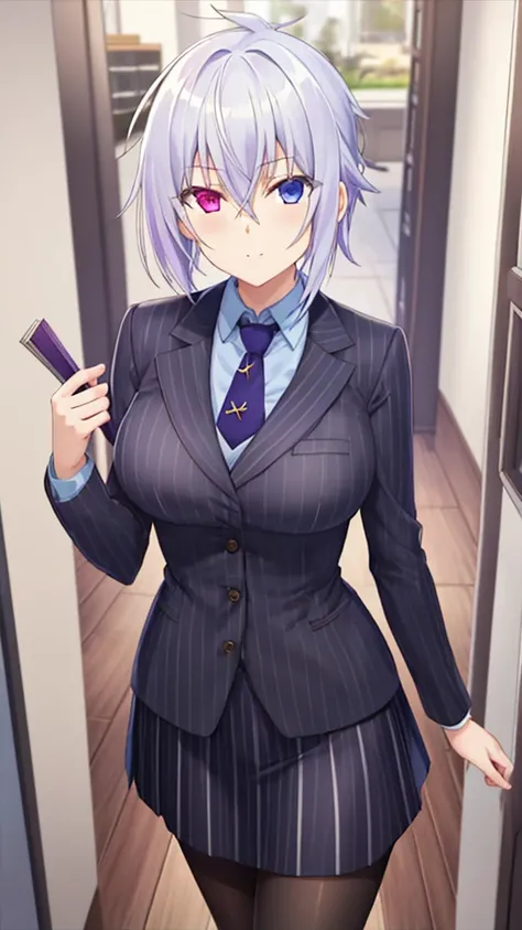 masterpiece, best quality, girl, solo, looking at viewer, tsukasa_mikogami, grey hair, purple eyes, heterochromia, blue eyes, hair between eyes, large breasts, pinstripe suit, black suit, collared shirt, pinstripe skirt, black pantyhose, cowboy shot, stand...