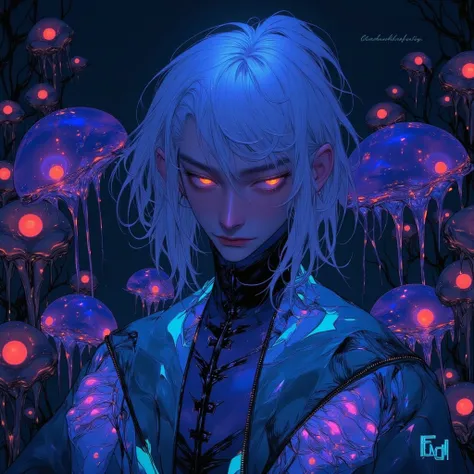 A humanoid man in anime Evangelion style with the appearance of a glowing jellyfish. His skin is semi-transparent and bioluminescent, glowing in shades of blue, cyan, and purple. His eyes are bright and mysterious, with an otherworldly aura. His long, flow...