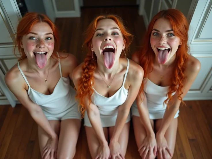 Three beautiful women with freckles, (mouth very wide open), long red hair in a french braid, (eyes open), wearing short nurse dress, kneeling on hardwood floor, viewed from below, Arms behind back, very thick thighs, tongue sticking all the way out, looki...