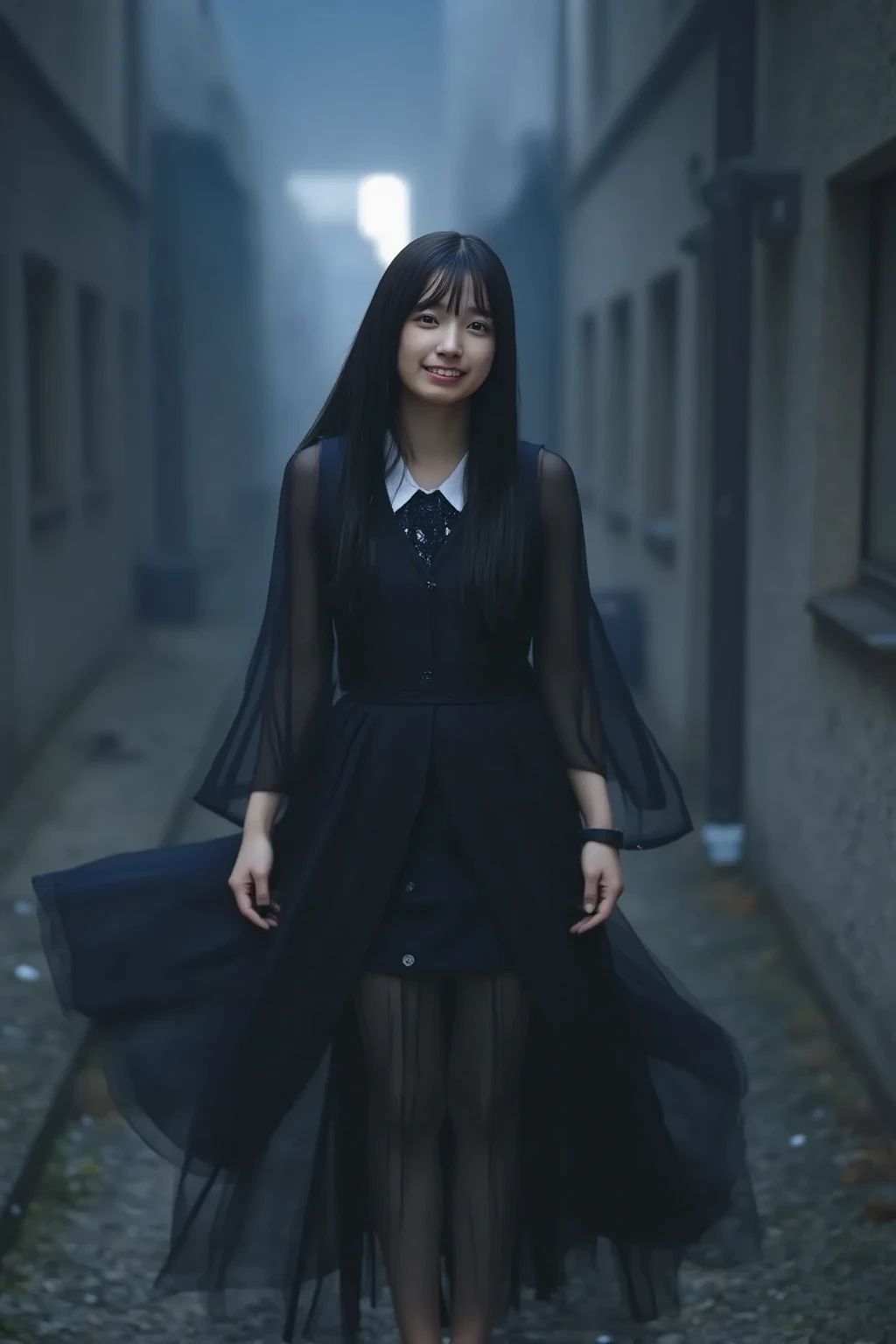 "A mysterious woman standing in a dimly lit alleyway, wearing a long flowing black cloak. Her piercing eyes glow faintly under the moonlight, and a gentle mist surrounds her. The background is blurred, adding to the enigmatic atmosphere. Her expression is ...