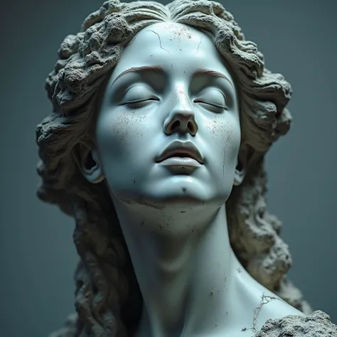  masterpiece,  in high resolution from the head of a stone statue representing a beautiful woman of the Renaissance ,  white skin.  The stone is broken in many places and the lichens are coming out of the darkest areas .  The eye area loses the texture of ...