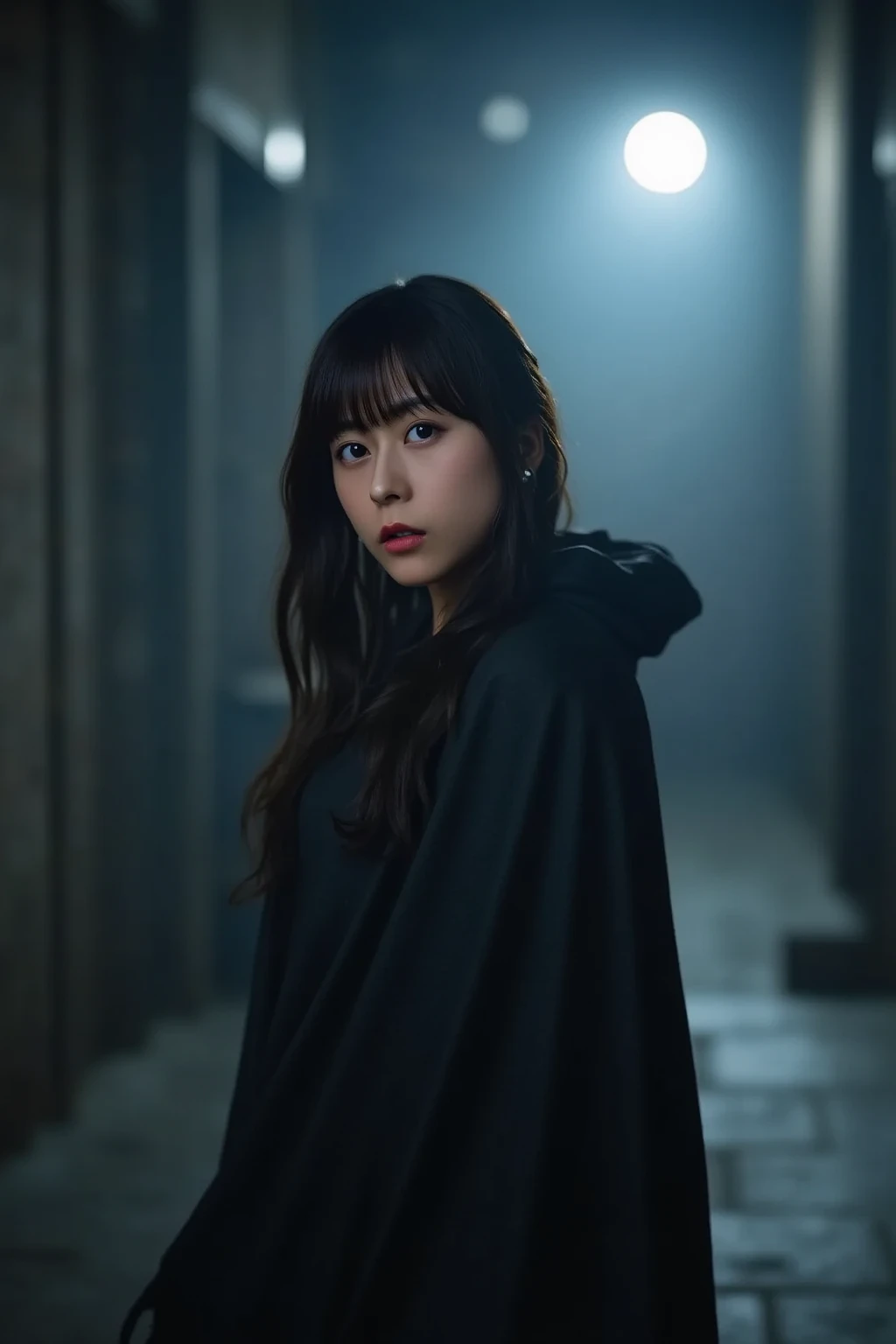 "A mysterious woman standing in a dimly lit alleyway, wearing a long flowing black cloak. Her piercing eyes glow faintly under the moonlight, and a gentle mist surrounds her. The background is blurred, adding to the enigmatic atmosphere. Her expression is ...