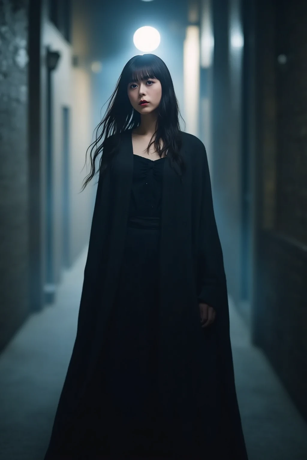 "A mysterious woman standing in a dimly lit alleyway, wearing a long flowing black cloak. Her piercing eyes glow faintly under the moonlight, and a gentle mist surrounds her. The background is blurred, adding to the enigmatic atmosphere. Her expression is ...