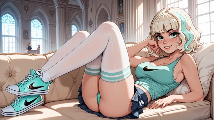  Jackie Lynn Thomas style, Nike Air Jordan sneakers Converse sneakers,  short stature, Annoying,  tank top , Annoying,  blushing,   short skirts , green panties ,   In a Mansion,   In a Mansion,  lying on a couch,  Thicc ,   looking longingly at the specta...