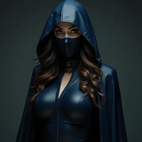 Woman. Hidden under a black mask. Has a curvy shape. Dressed in dark blue latex on top of the latex is a dark blue and long hooded cape. Also has loose brown silky hair. Mysterious lady, hides her face, agent, Matrix.